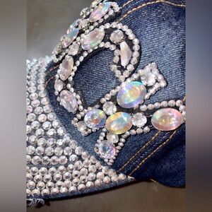 Embellished LUCK Denim Cap with Crystals